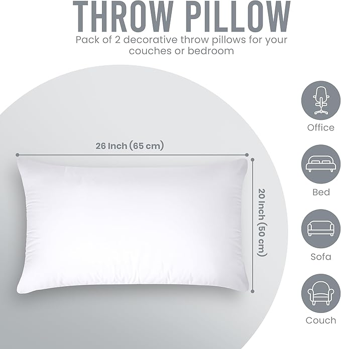 Utopia Bedding Throw Pillows Insert (Pack of 2, White) - 20 x 26 Inches Bed and Couch Pillows - Indoor Decorative Pillow