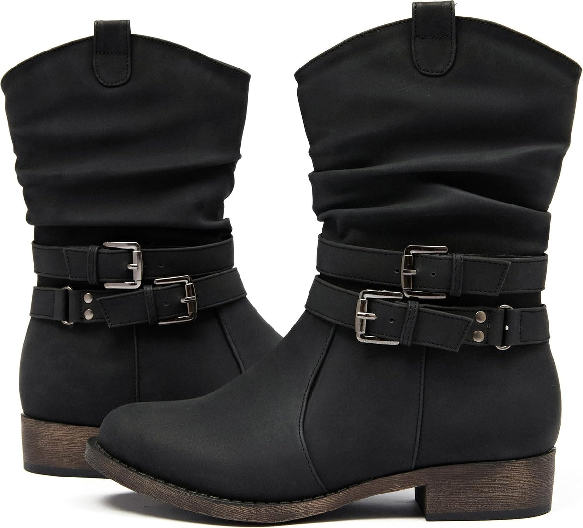 Women's Mid-Calf Cowboy Cowgirl Boots with Low Chunky Heel, Side Zipper, Motorcycle Style, Classic Round Toe,Fashion Western (Black/Dark Brown/Grey) Boots.