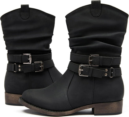 Women's Mid-Calf Cowboy Cowgirl Boots with Low Chunky Heel, Side Zipper, Motorcycle Style, Classic Round Toe,Fashion Western (Black/Dark Brown/Grey) Boots.