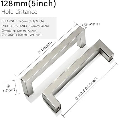 Cabinet Pulls Brushed Nickel Cabinet Handles Square Drawer Pulls, 5 Pack 5 Inch Stainless Steel Kitchen Door Cupboard Cabinet Handles, Cabinet Hardware Drawer Handles, 128mm Hole Centers