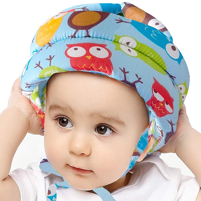 IULONEE Baby Infant Toddler Helmet No Bump Safety Head Cushion Bumper Bonnet Adjustable Protective Cap Child Safety Headguard Hat for Running Walking Crawling Safety Helmet for Kid (Blue Owl)
