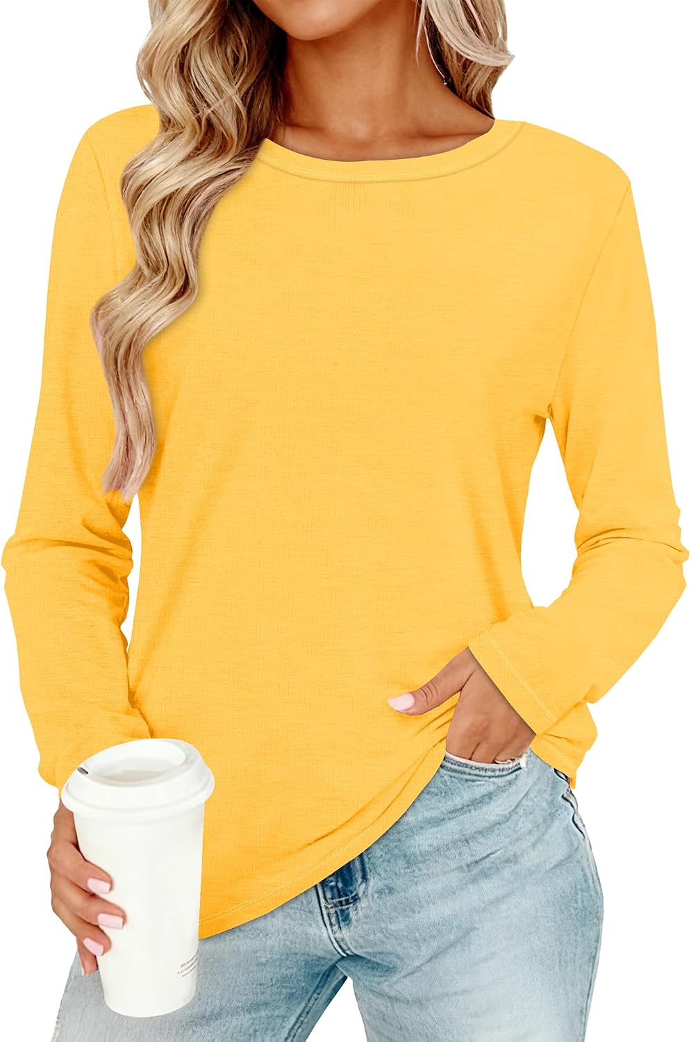 Very light yellow in color Women Long Sleeve Shirts Casual Dressy Soft Basic Tee Loose Fit Tunic Tops | Fall Tops, Soft & Breathable, Crew Neck, cotton, School Outfits, Teacher T-shirts, Winter Clothes, Solo or Layered, 2026