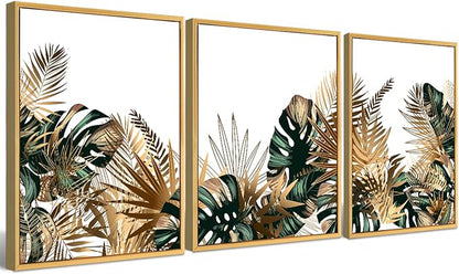 Loomarte Framed Plant Wall Art Simple Tropical Green Leaves Wall Decor Boho Palm Botanical Prints Minimalist Pictures Home Decorations for Living Room Bedroom Bathroom 12x16 Inches Golden Frame,3 PC