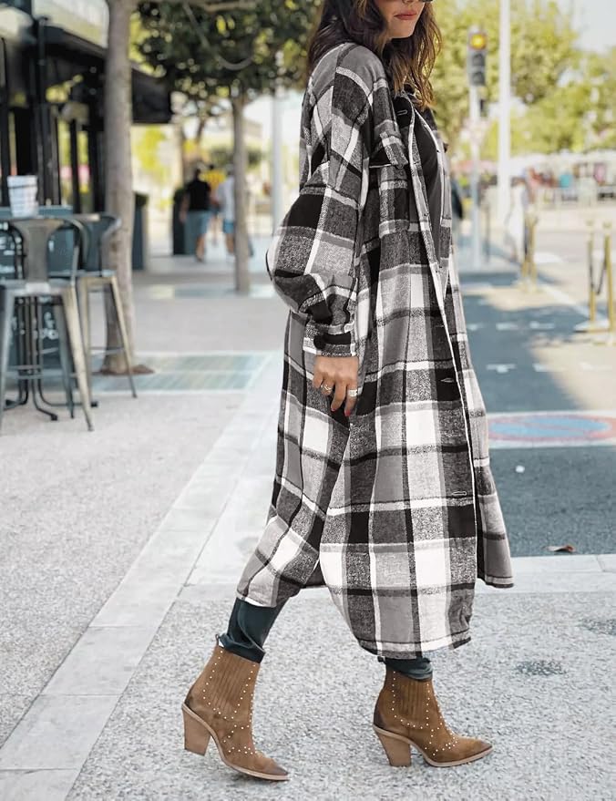 SKIKYAN Women Fall Flannel Plaid Shacket Jacket Oversized Button Down Long Shirt Jacket