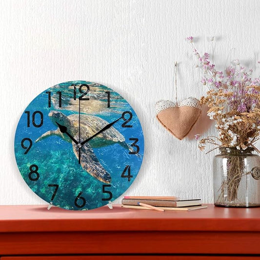 Naanle 3D Tropical Underwater Swimming Sea Turtle Print Round Wall Clock, 9.5 Inch Battery Operated Quartz Analog Quiet Desk Clock for Home,Office,School
