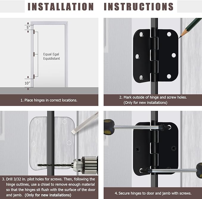 Egofine Door Hinges 12 Pack, 3.5" x 3.5" Interior Hinges With 58" Radius Corners, Matte Black