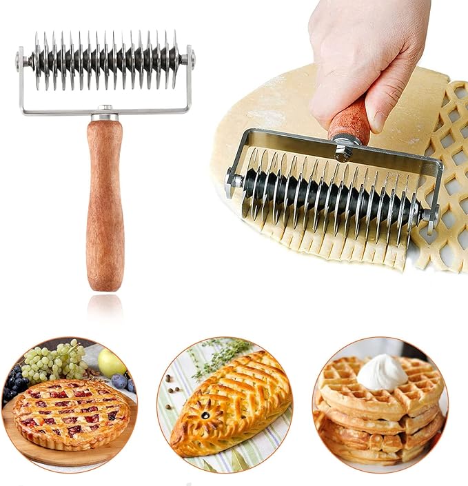 Stainless Steel Dough Lattice Top Cookie Pie Pizza Bread Pastry Crust Roller Cutter Holder Wooden Handle, Lattice Dough Cutter for Fishnet Crust