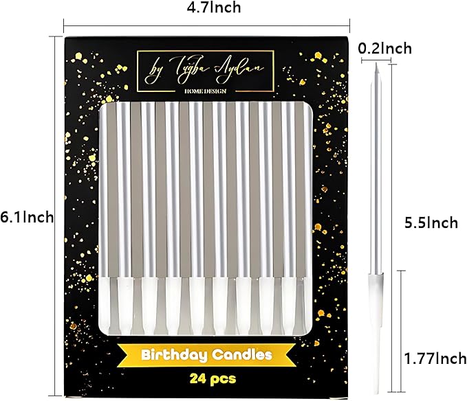 Birthday Candles - 24 Count Long Thin Silver Birthday Candles for Cake, Metallic Cake Candle for Birthday, Party Candles