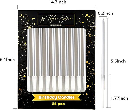 Birthday Candles - 24 Count Long Thin Silver Birthday Candles for Cake, Metallic Cake Candle for Birthday, Party Candles