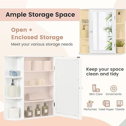 ARLIME Bathroom Mirror Cabinet, Wall Mounted Medicine Cabinet, Single Door Storage Organizer with 4 Internal Shelves and 6 Open Racks, Space Saver Wooden Hanging Cabinet, White