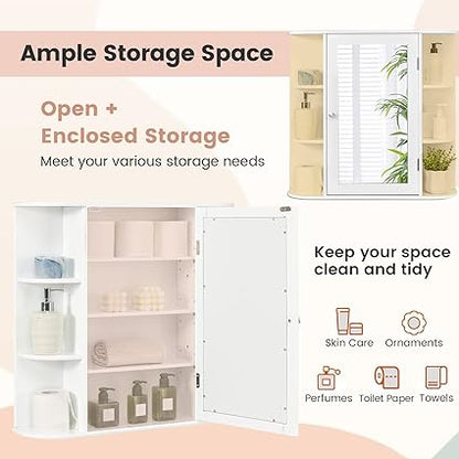 ARLIME Bathroom Mirror Cabinet, Wall Mounted Medicine Cabinet, Single Door Storage Organizer with 4 Internal Shelves and 6 Open Racks, Space Saver Wooden Hanging Cabinet, White