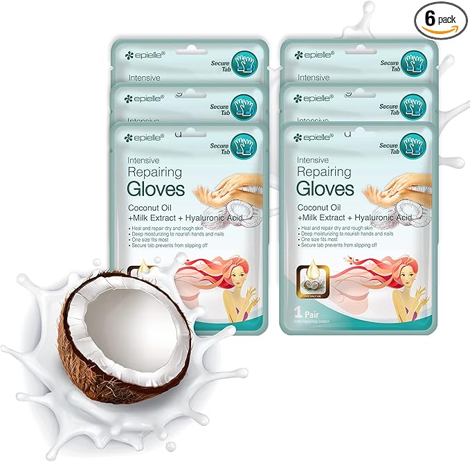 Epielle Intensive Repairing Hand Masks (Gloves-6pk) for Dry Hands Spa Masks | Coconut Oil + Milk Extract + Hyaluronic Acid | Skincare Gifts | Skincare Party Favors, Mother's Day Gifts
