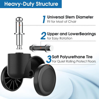 MaxGear 2" Office Chair Wheels Heavy Duty Replacement, Mute Rubber Rotating Desk Chair Caster Wheels, Safe for All Floors Including Hardwood, Only Fits 11mm Stem, NOT for 10mm or IKEA Chairs, Set of 5