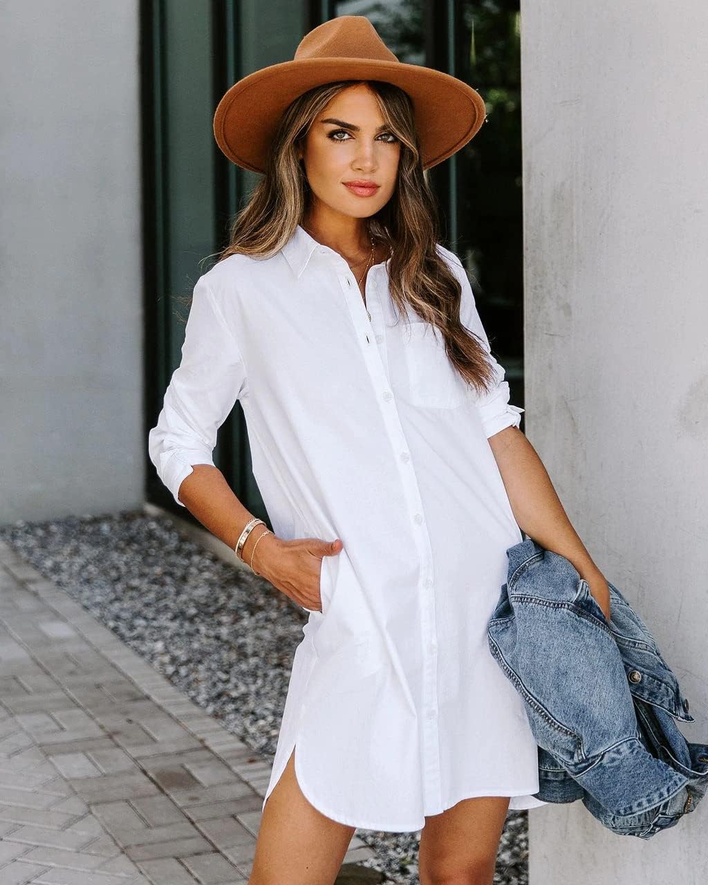 2 pockets at the chest and 2 pockets at the side waist jinghuiyue Women's Casual Button Down Shirts Long Sleeve Oversize Blouse Loose Shirt Dress with Side Pockets
