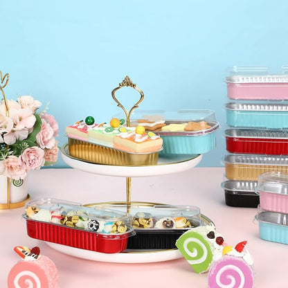 Qunclay 92 Pcs Aluminum Foil Mini Loaf Pans with Lids 6.8 oz Disposable Mini Cake Pan with Lid Rectangle Baking Cups for Party Muffin Cheesecake Ramekins(Multicolor)
