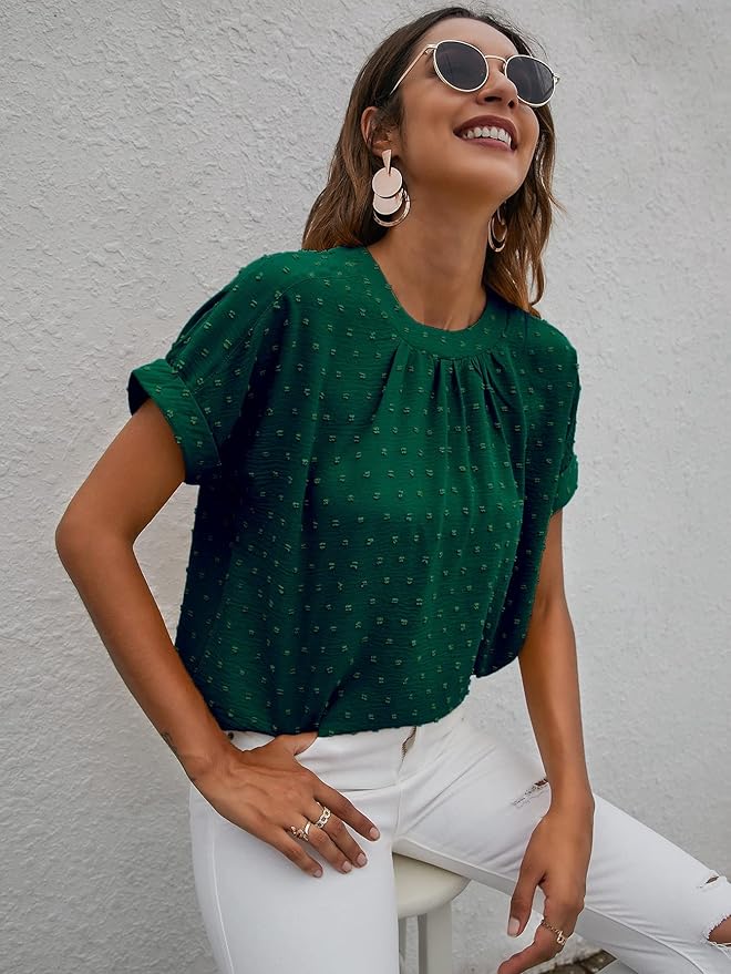 Milumia Women's Casual Swiss Dots Chiffon Ruffle Front Short Sleeve Work Office Blouse Top