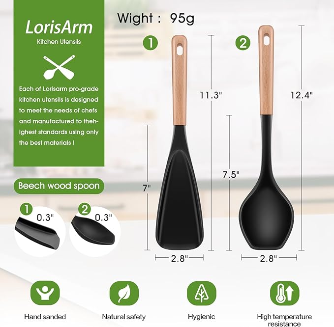 Large Cooking Spoons. 12.5" Heat Resistant Silicone Serving Spoon, Nonstick Kitchen Utensils Wooden Handle Rubber Spoon for Mixing, Stiring,Baking,Scooping and Scraping.