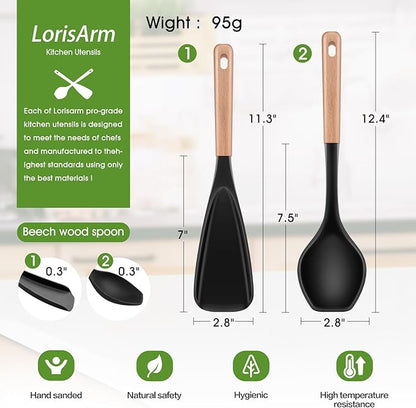 Large Cooking Spoons. 12.5" Heat Resistant Silicone Serving Spoon, Nonstick Kitchen Utensils Wooden Handle Rubber Spoon for Mixing, Stiring,Baking,Scooping and Scraping.