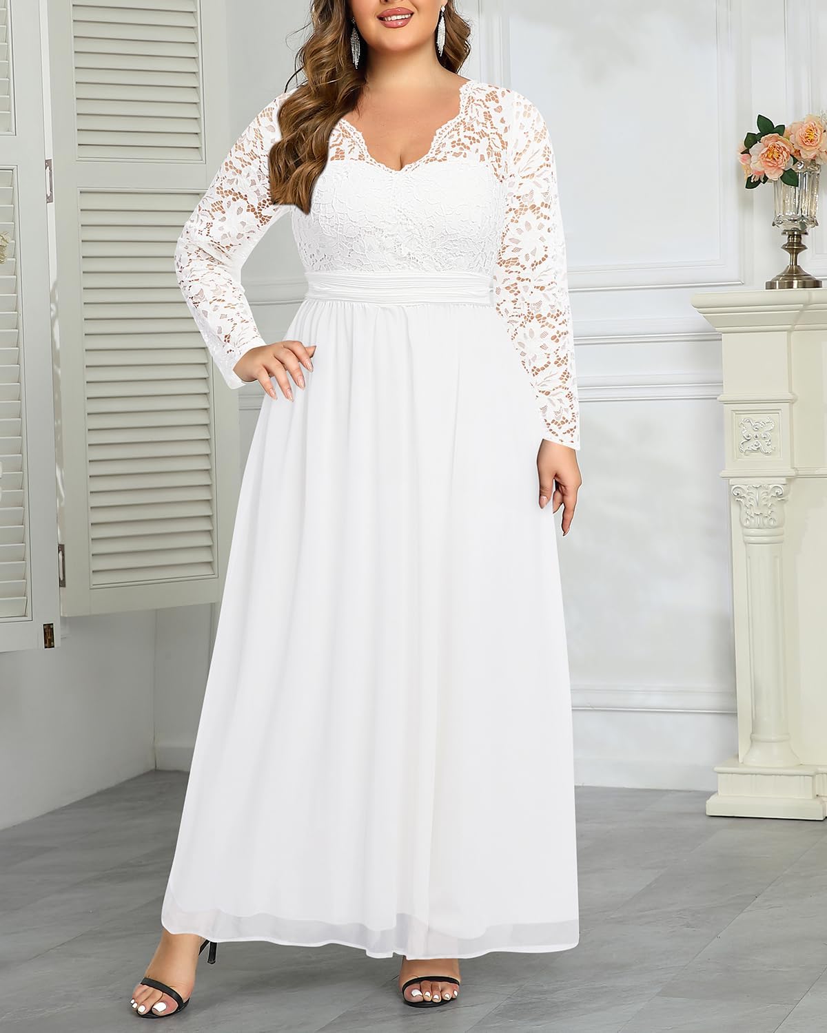 Talisea Plus Size Formal Wedding Dresses - Gowns Evening Prom Elegant V Neck Long Sleeve Lace Chiffon Long Maxi Dress