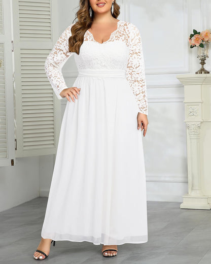 Talisea Plus Size Formal Wedding Dresses - Gowns Evening Prom Elegant V Neck Long Sleeve Lace Chiffon Long Maxi Dress