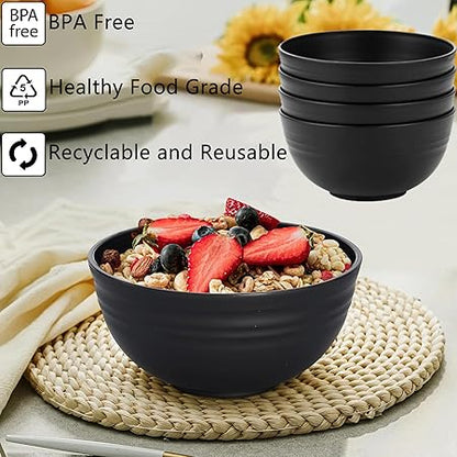 Unbreakable Wheat Straw Cereal Bowls Set of 4, 24 OZ Microwave and Dishwasher Safe Lightweight Soup and Salad Bowl Sets, Reusable Dessert Bowls for Rice, Pasta, Snack, Fruit, BPA Free (Black)