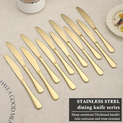 Gold Dinner Knives Set of 12 Pieces, Stainless Steel Titanium Gold Plating Butter Knife, Table Knives for Home, Restaurant, Hotel, Wedding, Events