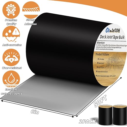 2 Rolls Butyl Joist Tape for decking, 6 Inch x 50 Feet Weatherproof Butyl Sealant Deck Tape Joist-Beam Deck Joist Tape Bulk for Wood Joists Decks Beams Roof