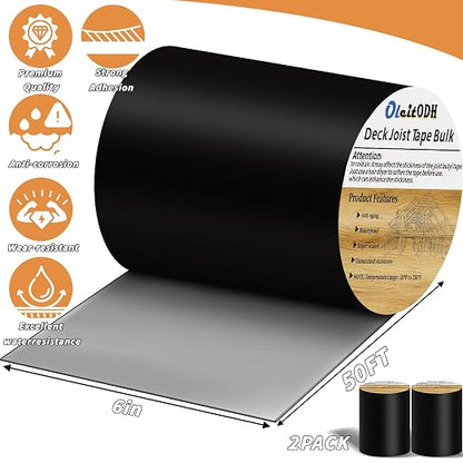2 Rolls Butyl Joist Tape for decking, 6 Inch x 50 Feet Weatherproof Butyl Sealant Deck Tape Joist-Beam Deck Joist Tape Bulk for Wood Joists Decks Beams Roof