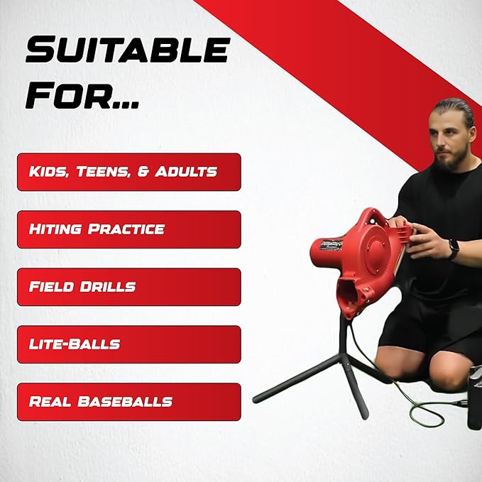 Heater Sports Base Hit Lite Adjustable Baseball Pitching Machine  45 MPH Pitching Speed, Includes Automatic Ball Feeder, Extremely Accurate  Perfect for Hitting and Fielding Training for All Ages