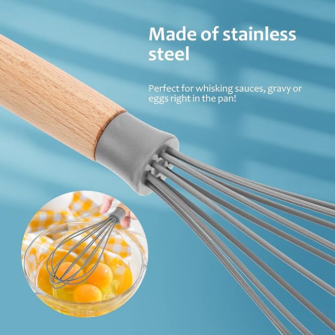 Premium Whisk Silicone Whisk Baking Tools with Beechwood Handle Non-stick Whisk Heat Resistant Whisk