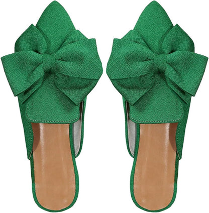 Women's Bow Mules Dressy Pointed Toe Flat Shoes Backless Loafers Slide Sandals Casual Slides Work Shoes