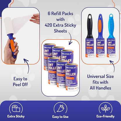 Lint Rollers for Pet Hair Extra Sticky Refills - Includes 420 Sheets6 Lint Roller Refills - Travel Size Pet Hair Roller Refills - Sticky Rollers for Pet Hair, Clothes, Furniture, Carpet etc