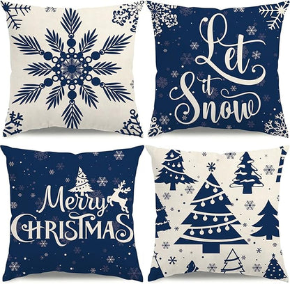 Christmas Pillow Covers 16x16 Blue Christmas Decorations Snowflake Throw Pillow Covers Xmas Tree Winter Holiday Decor Cushion Case for Sofa Couch Set of 4