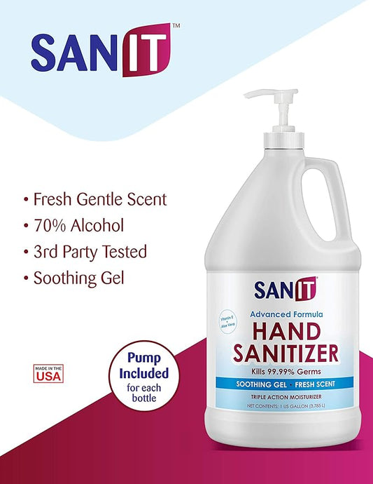 Sanit Moisturizing Hand Sanitizer Gel 70 Ethyl Alcohol - Kills 99.99 Germs, Advanced Formula with Vitamin E and Aloe Vera - Soothing Gel, Fresh Scent, Made in USA - 1 Gallon with Easy to Use Pump