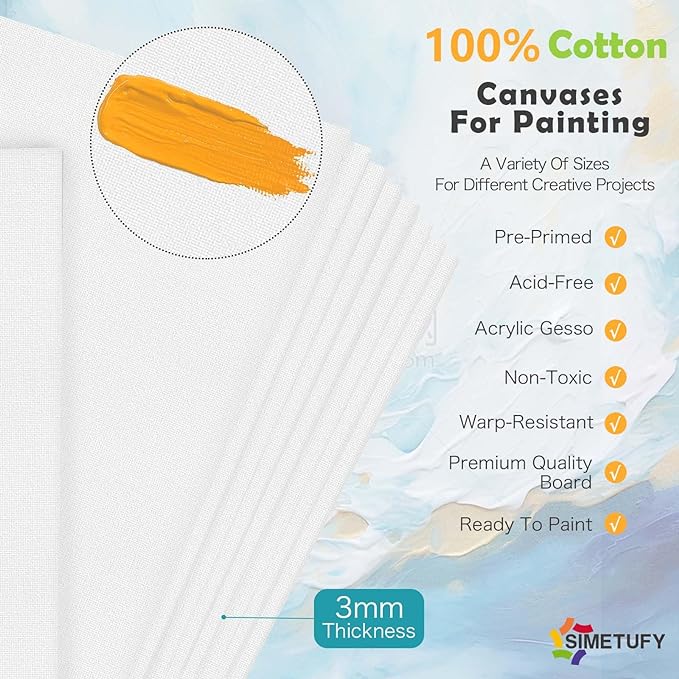 Simetufy 4 Pack 8x10 Inch Canvas Boards Canvas Panels-Gesso Primed Acid-Free 100 Cotton Blank for Acrylics Oil Watercolor Tempera Paint