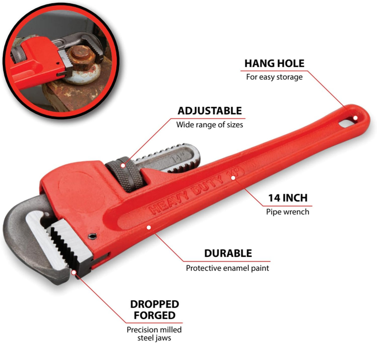 Performance Tool W1133-14B Heavy-Duty Adjustable Straight Pipe Wrench, 14-inch