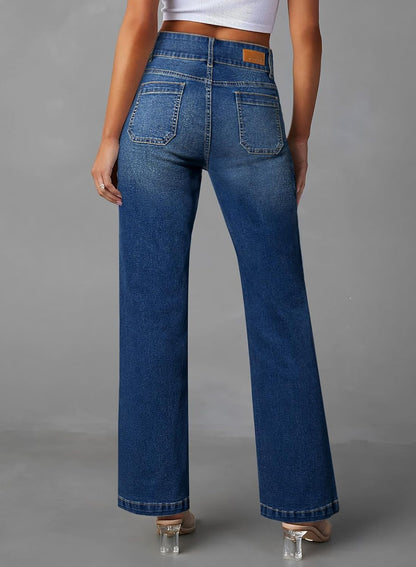 Sidefeel Women's Wide Leg Jeans High Waisted Tummy Control Stretchy Pockets Front Straight Leg Jeans