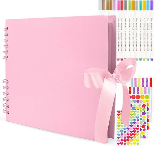 EVNEED 11.5 x 8.5 Inch Scrapbook Photo Album,Wedding Guest Book Anniversary Memory Scrapbooking,Wedding Photo Album with DIY Accessories Kit for Craft Paper DIY,Xmas Gift,80 Pages (40 Sheets),Pink