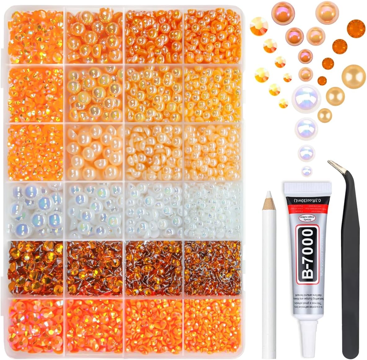 qiipii Bright Orange 3mm-10mm Flatback Pearls and Rhinestones w B7000 Jewelry Glue for Bedazzling Crafting Half Pearls Resin Stones Diamonds Bedazzler Kit for Nails Face Eyes Makeup Tumblers Bottles