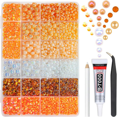 qiipii Bright Orange 3mm-10mm Flatback Pearls and Rhinestones w B7000 Jewelry Glue for Bedazzling Crafting Half Pearls Resin Stones Diamonds Bedazzler Kit for Nails Face Eyes Makeup Tumblers Bottles