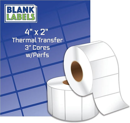 Blank Labels Shipping and Printer Labels 4" x 2" Thermal Transfer Labels on 3" Cores with Perfs Between Labels, WO, 3,000 Labels per Roll Matte White 1 Roll Total Made in USA