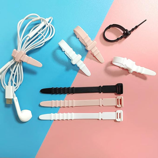 Silicone Zip Ties, Reusable Zip Ties, 20pcs Rubber Cable Ties Straps for Wire Management, Elastic Cable Organizer for Home Office Table Desk. 4.5 Cord Ties in White, Black, Pink, Purple and Blue