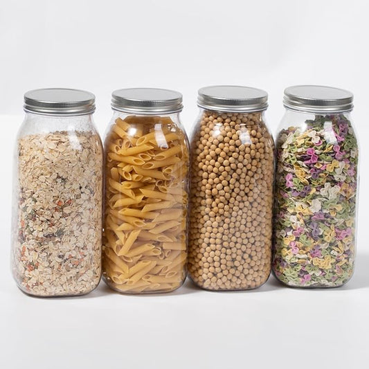 64 Ounce Clear Plastic Mason Jars With Screw On Lid, Reusable Empty Jars for Food Storage, BPA Free Containers for Sealing, Dry Food, Snacks, Candies, Breakage-proof, (Silver - 4 Pack)