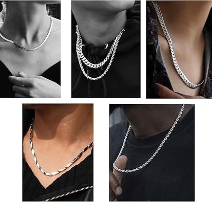Stino 8PCs7PCs Stainless Steel Chain Necklace for Men Women - Bulk Silver Tone Necklace Chains for Jewelry Making, Figaro, Snake, Cuban Link, Rope