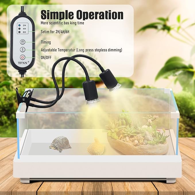 Reptile Heat Lamp, Double-Head Heat Lamp with Clamp, UVA UVB Reptile Light with Intelligent Cycle Timer for Turtle, Bearded Dragon, Lizard and More, 2 Bulbs 25W50W