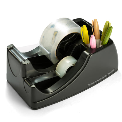 Officemate 2-in-1 Heavy Duty Tape Dispenser - Fits 1 Inch and 3-Inch Cores, Weighted 5.5 lb Base for Stability, Holds Packing and Standard Tape, Storage Compartment for Office Supplies, Black (Teeth on tape cutter is slightly bent)