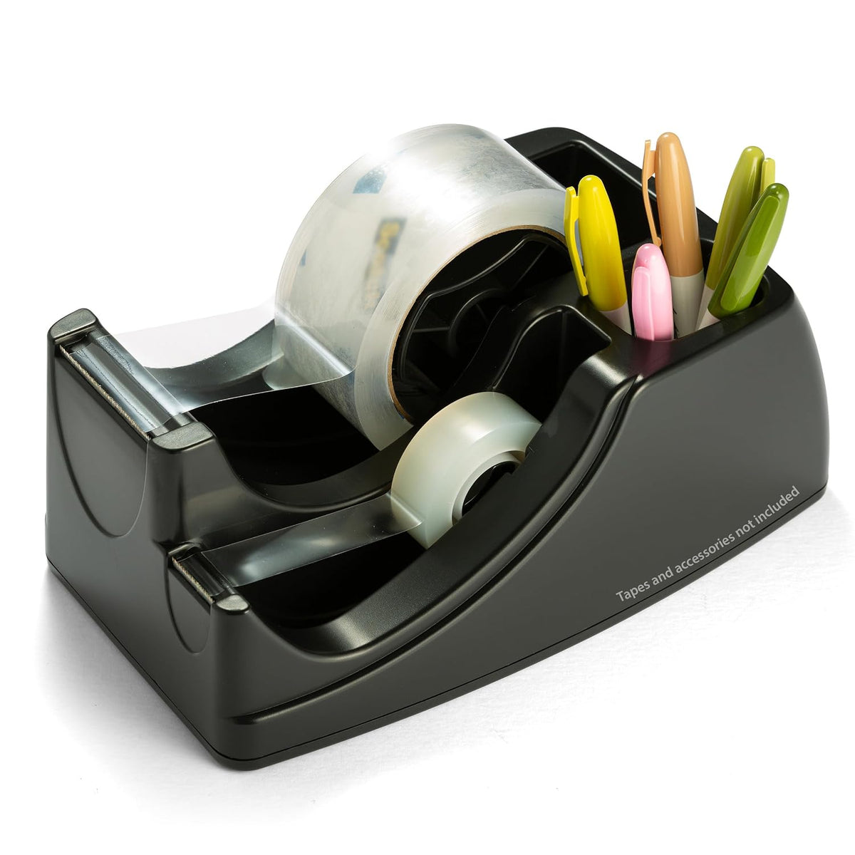 Officemate 2-in-1 Heavy Duty Tape Dispenser - Fits 1 Inch and 3-Inch Cores, Weighted 5.5 lb Base for Stability, Holds Packing and Standard Tape, Storage Compartment for Office Supplies, Black