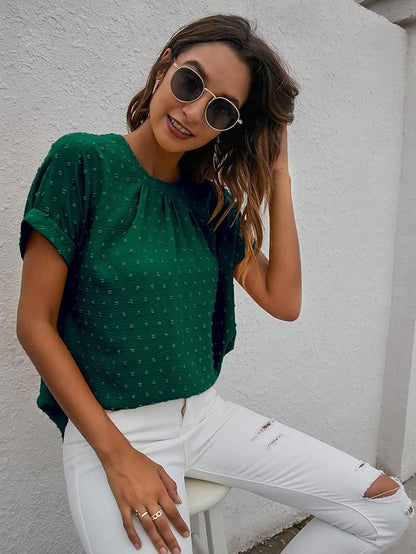Milumia Women's Casual Swiss Dots Chiffon Ruffle Front Short Sleeve Work Office Blouse Top