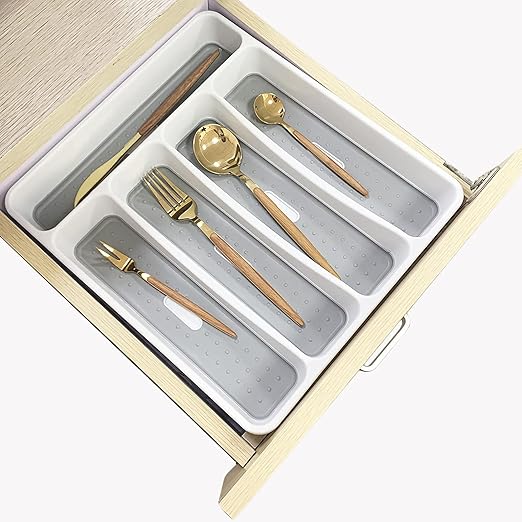 Classic Large Cutlery Tray, Silverware Tray for Drawer, 5 Compartment Flatware Organizer HolderDivider, Multi-Purpose Storage With Non-slip Rubber Feet for Kitchen, Office, Bathroom