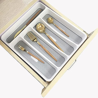 Classic Large Cutlery Tray, Silverware Tray for Drawer, 5 Compartment Flatware Organizer HolderDivider, Multi-Purpose Storage With Non-slip Rubber Feet for Kitchen, Office, Bathroom